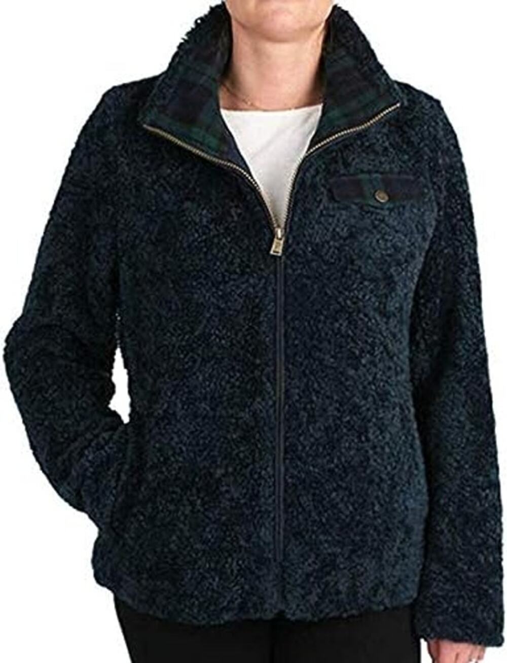 Pendleton Womens Large Navy/Green Plaid Full Zip Fuzzy Teddy Jacket Cozy Zip-Up